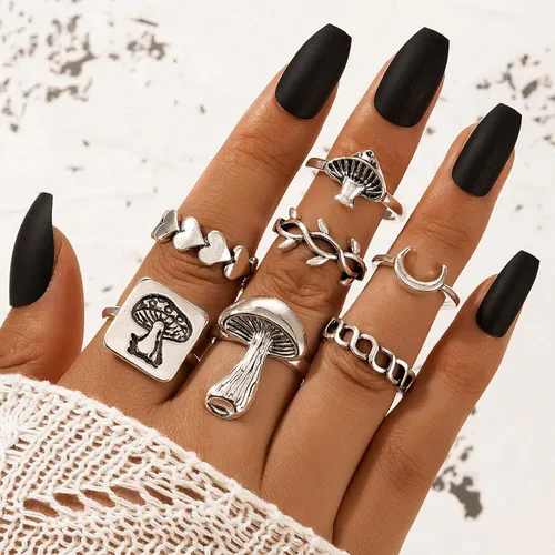 Vista 3 de Long tiantian Anillos de cadena punk para mujer, vintage, gruesos, nudillos, hongos, juego de anillos de cadena de mariposa, anillos de ojos