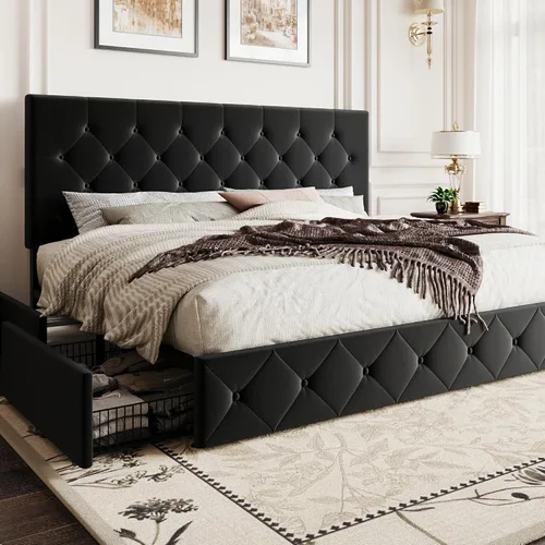 Vista 32 de SHA CERLIN Base de cama de plataforma tamaño matrimonial tapizada con 4 cajones de almacenamiento, cabecero ajustable con diseño cosido en cuadrados