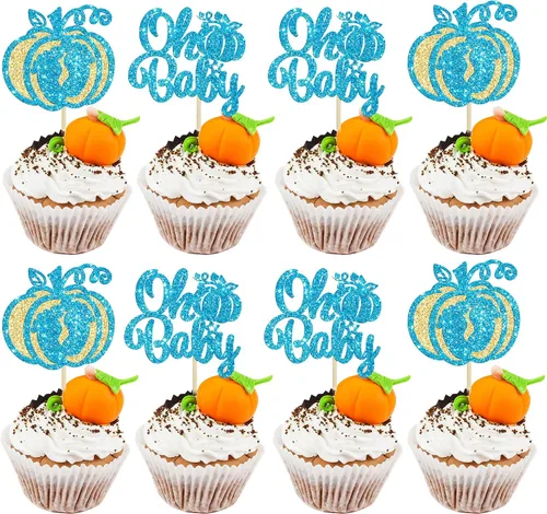 Vista 18 de Gyufise 24 adornos para cupcakes de calabaza rosa, decoración de pastel de baby shower, decoración para baby shower con temática de calabaza