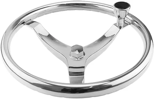 Vista 5 de Volante de acero inoxidable para barco, 3 radios 13-1/2" de diámetro con perilla giratoria, con tuerca de 5/8" -18 para Seastar y Verado