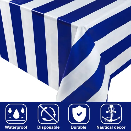 Vista 3 de peony man Mantel rectangular desechable de plástico azul náutico, 4 piezas, a rayas, azul náutico, para fiestas, cocina, comedor, decoración de mesa