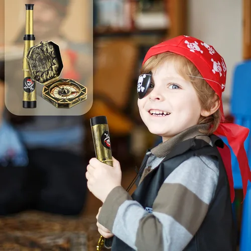 Vista 6 de Gejoy Juego de 2 piezas de accesorios piratas para niños, mini telescopio y brújula de juguete para fiesta, Halloween, cosplay, antiguo, retro