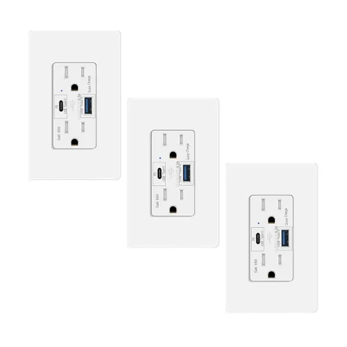 Vista 28 de 15 Amp GFCI Outlet with USB C Ports & USB-A, 1PCS 24W Self-Testing GFCI USB Combo with LED Indicator, Tamper Resistant for Kitchen & Bathroom