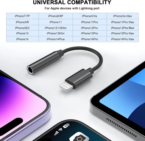 Vista 5 de [Certificado MFi de Apple] Paquete de 2 Adaptador de Conector de Auriculares iPhone 3.5mm, Adaptador de Lightning a Conector de Auriculares 3.5mm