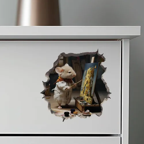 Vista 6 de Pegatina de pared 3D con diseño de ratón en el agujero del artista pintor