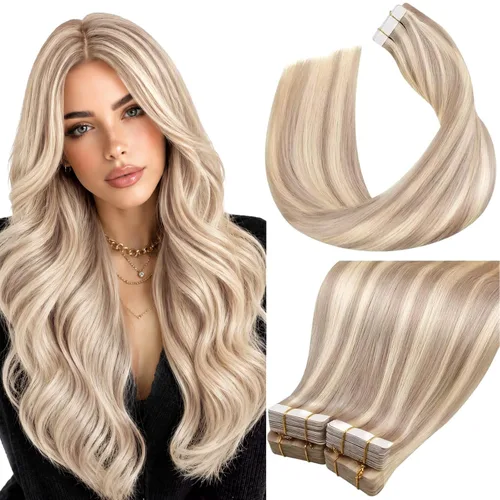 Vista 48 de LaaVoo - Extensiones de cabello humano con cinta adhesiva, color marrón a rubio ceniza, extensiones de cabello humano real, cintas en extensiones