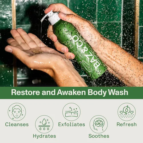Vista 5 de BAZ & CO Gel de baño hidratante para hombre, Restore and Awaken Body Wash para hombres, 8.45 onzas líquidas con albahaca, pomelo y menta verde