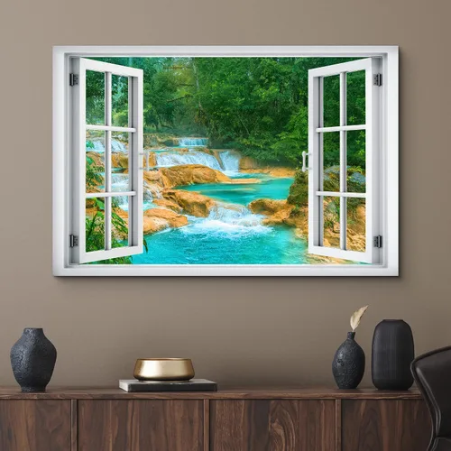 Vista 2 de wall26 - Cuadro en lienzo para pared, vista de ventana, río neón turquesa, rápido, bosque, lago, arroyo, naturaleza salvaje, fotografía, realismo