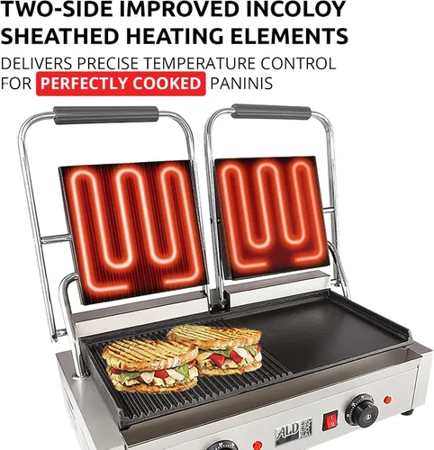 Vista 3 de ALDKitchen Panini - Parrilla de prensa para sándwich con control de temperatura ajustable, cabezal doble de 9 x 9 pulgadas (acanalado/liso)