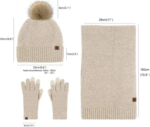 Vista 35 de Bufanda de punto de lana, gorro de esquí, guantes táctiles para invierno, para mujer y hombre