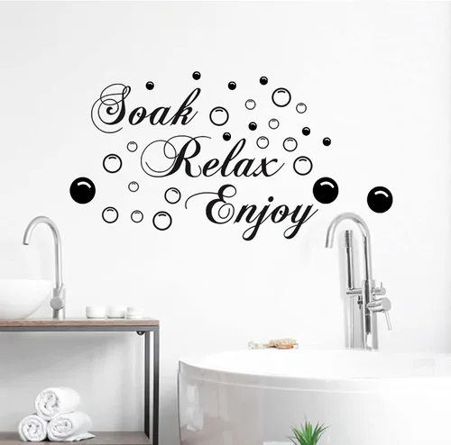 Vista 8 de Calcomanías de pared de baño, calcomanías negras con calcomanías de burbujas, hermosas palabras artísticas de pared, calcomanías para despegar