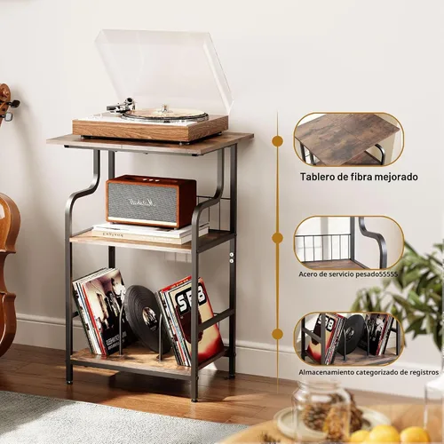 Vista 6 de Soporte para tocadiscos, mesa para tocadiscos de 3 niveles, almacenamiento de discos de vinilo con escritorio extragrande, mesa auxiliar para discos