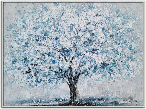 Vista 10 de Yihui Arts - Pintura al óleo de árbol azul pintado a mano en lienzo, paisaje moderno abstracto, obra de arte para pared, decoración para sala