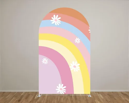 Vista 2 de Cubiertas de fondo arqueadas con arco iris para Groovy Party Arch Stand Covers Cumpleaños Baby Shower Cake Mantel Decoración Accesorios