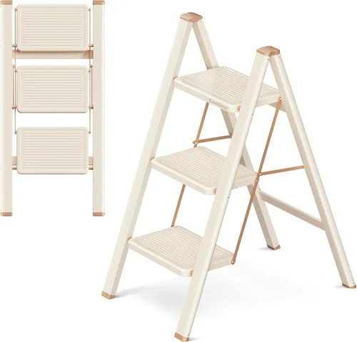 Vista 9 de Escalera plegable de 2 escalones con pedal ancho antideslizante, capacidad de 330 libras, escalera portátil ligera para uso en el hogar y la cocina