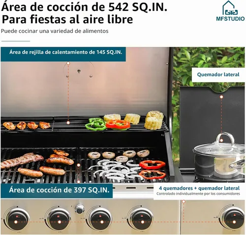Vista 3 de MFSTUDIO - Parrilla de gas para barbacoa de acero inoxidable de 4 quemadores con quemador lateral, color azul