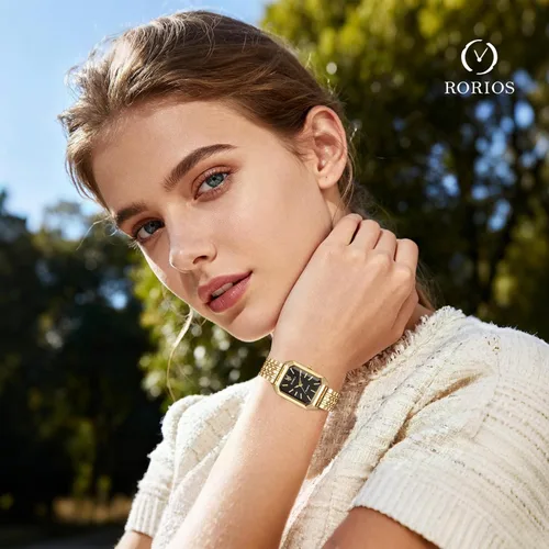 Vista 2 de RORIOS Reloj rectangular de acero inoxidable para mujer, reloj de pulsera de cuarzo