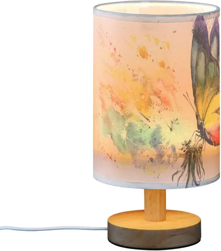 Vista 2 de Lámpara de mesa pintada Mariposa Diente de León con base de madera y pantalla de tela para mesita de noche, lámpara de escritorio para recámara