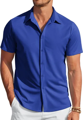 Vista 14 de COOFANDY - Camisas sin arrugas para hombre, casual, manga corta, con botones, de verano, elástica, de vestir