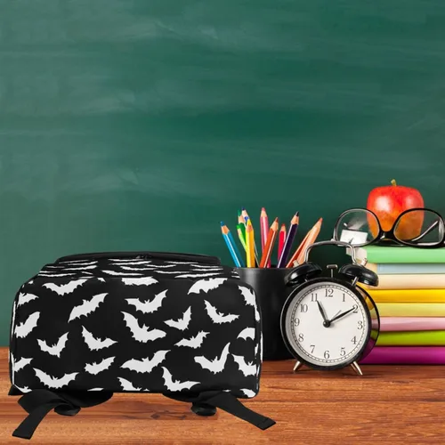 Vista 6 de Naanle Elegante diseño de murciélagos de Halloween, mochila grande para libros de escuela, mochila impermeable para computadora, mochila de viaje