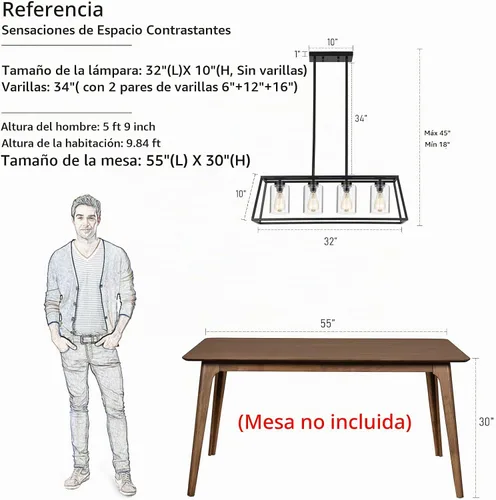 Vista 9 de Candelabros negros de granja para comedor, lámpara rústica de isla de cocina, lámpara colgante lineal de 4 luces, isla de cocina con pantalla