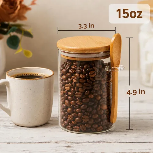 Vista 2 de Recipientes de Café Azúcar Sales - Frascos de 15 oz de Vidrio Hermético Caning con Tapas de Bambú y Cucharas Medidoras, Almacenamiento de Avena