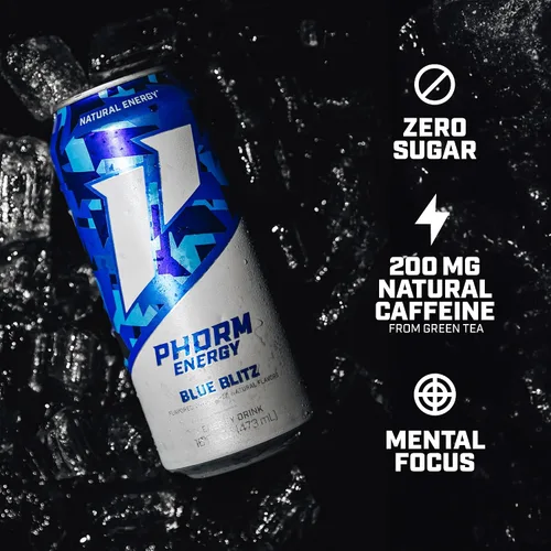 Vista 4 de PHORM ENERGY - Bebida energética, Blue Blitz, sabor a frambuesa azul, 200 MG de cafeína natural de té verde, sin azúcar, bebida carbonatada