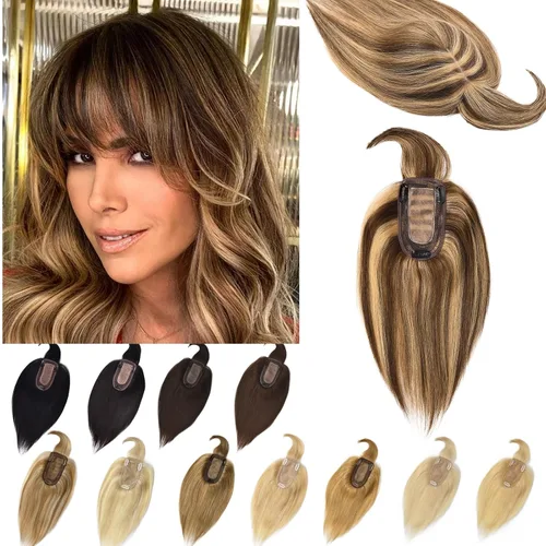 Vista 12 de Toppers de cabello humano real para mujeres con cabello delgado, 6 pulgadas, marrón oscuro