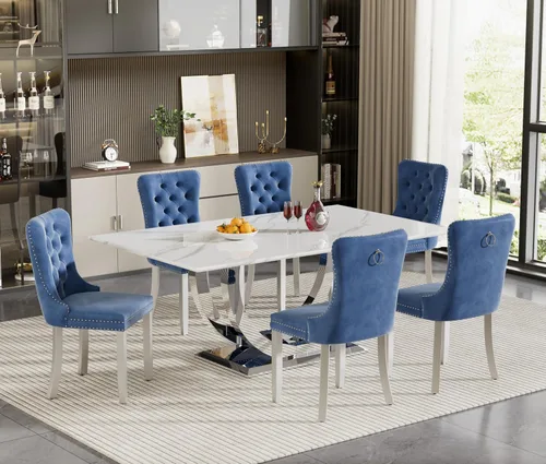 Vista 30 de Juego de mesa de comedor de 5 piezas para 4, mesa de cocina de mármol negro de 68 pulgadas con 4 sillas beige, mesa de comedor rectangular moderna
