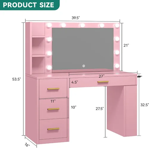 Vista 2 de YITAHOME - Tocador con espejo y luces, juego de mesa de maquillaje con toma de corriente, 4 cajones, 6 estantes abiertos arriba y 3 estantes
