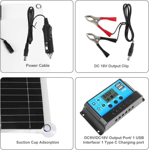 Vista 5 de Kit de panel solar Ovfioaji 200 W 12 V con controlador de carga solar de 100 A y cable de extensión con clips de batería para barco, motocicleta