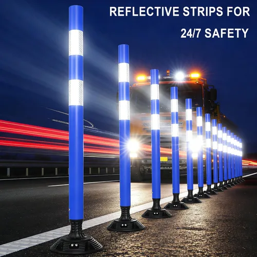 Vista 3 de OrangeStar Paquete de 8 conos de tráfico azules con base de resorte, postes de delineador de 48 pulgadas con rayas reflectantes para seguridad vial