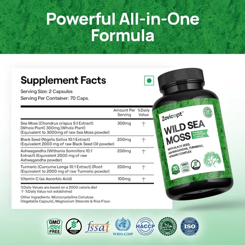 Vista 6 de Ultimate Immune Support Complex Cápsulas orgánicas de cúrcuma, musgo marino y ashwagandha de 1000 mg con vitamina C, 70 píldoras veganas