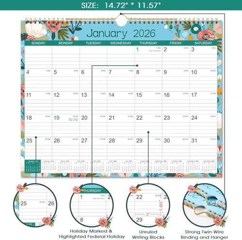 Vista 2 de Calendario 2026, Calendario de pared de 12 meses desde enero de 2026 hasta diciembre de 2026, 14.8 x 11.4 pulgadas, mensual con fecha juliana