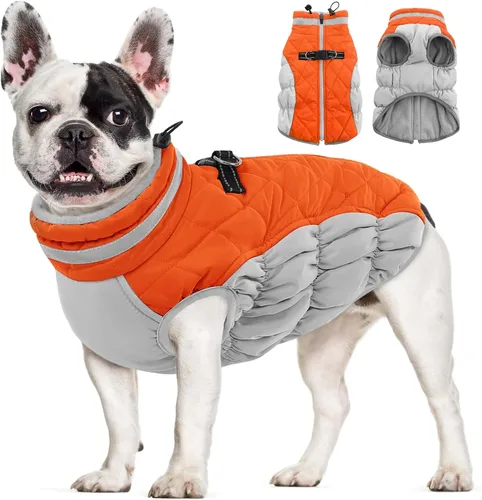 Vista 25 de AOFITEE Abrigo para perro, chaquetas cálidas para perros pequeños, abrigo de invierno para perros con arnés integrado, chaqueta de invierno