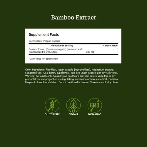 Vista 4 de Swanson Extracto de bambú para cabello y uñas Suplemento de sílice apoya colágeno 300 mg 60 cápsulas vegetales