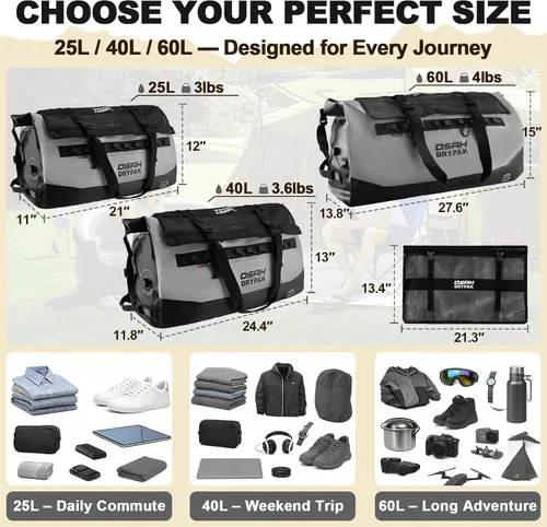 Vista 2 de Bolsa de lona impermeable 25L40L60L Bolsa trasera de motocicleta resistente, bolsa seca enrollable para viajes, camping, canotaje, kayak, aventura