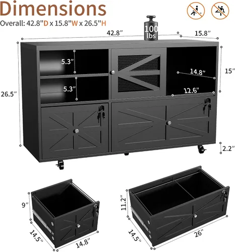Vista 2 de Semoic Archivador de 2 cajones con cerradura, archivador lateral móvil para tamaño carta/legal/A4, estante ajustable de almacenamiento abierto