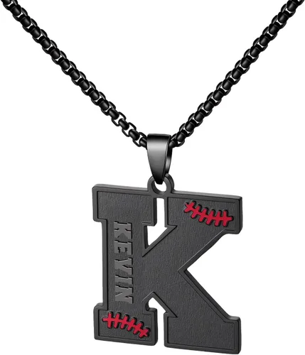 Vista 45 de Ldurian Collar personalizado con nombre de béisbol, cadena negra de acero inoxidable, collar con nombre deportivo, letra A-Z de 24 pulgadas, regalos