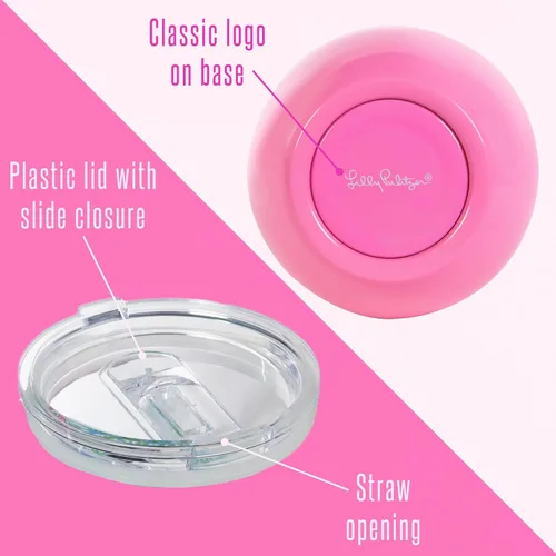 Vista 5 de Lilly Pulitzer Vaso aislado de 12 onzas con tapa, copa de vino de viaje de acero inoxidable rosa, taza de metal de doble pared, Sunny State of Mind