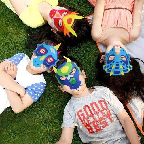 Vista 8 de iROLEWIN Paquete de 12 máscaras de dragón de fieltro para niños, recuerdos de fiesta, juguetes de dinosaurio, disfraces para niños y niñas, regalos