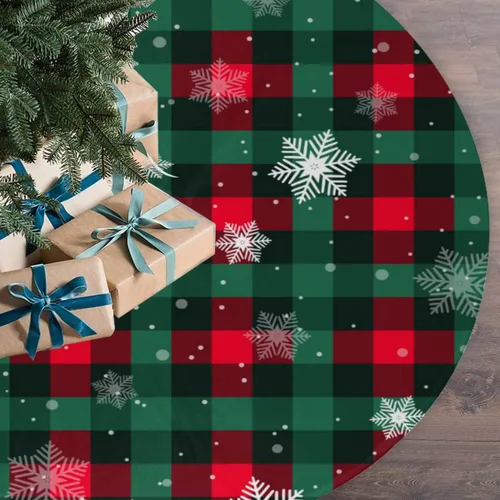 Vista 4 de Falda de árbol de Navidad, tapete de árbol de Navidad a cuadros rojos y verdes para casa de campo, Año Nuevo, festividades, fiestas, decoraciones