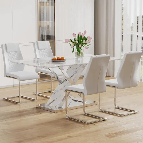 Vista 21 de Juego de mesa de comedor de mármol para mesa rectangular blanca de 6.63 pulgadas con marco de metal plateado en forma de X y 6 sillas de comedor