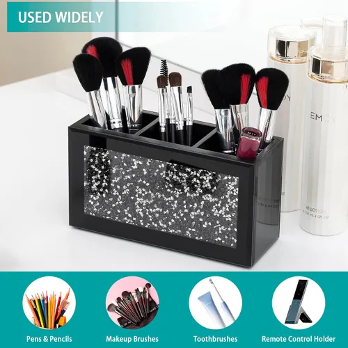 Vista 6 de SHYFOY Organizador Portacepillos de Maquillaje Negro, Organizador de Almacenamiento de Cepillos de Cosméticos de 3 Ranuras de Vidrio con Diamante