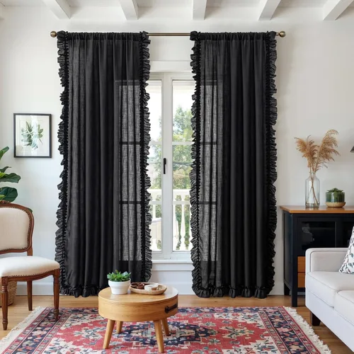 Vista 12 de TERLYTEX Cortinas de encaje de lino de 96 pulgadas de largo 2 paneles, 42 x 96 pulgadas, cortinas con volantes estilo granja para sala con bolsillo