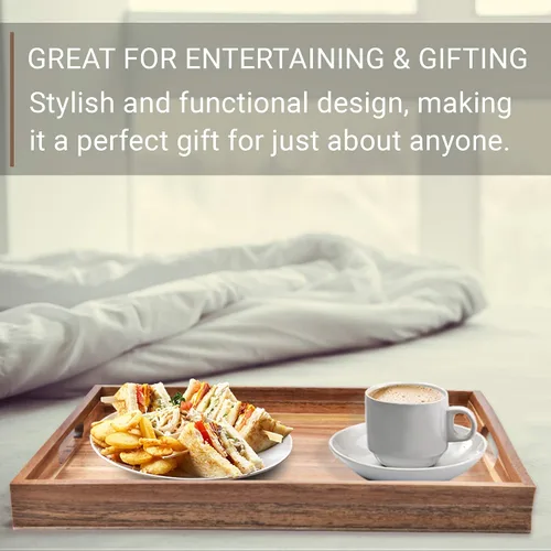 Vista 5 de Bandeja de servir de madera de acacia con asas (17 pulgadas) – Bandejas decorativas para servir desayuno en la cama, almuerzo, cena, aperitivos