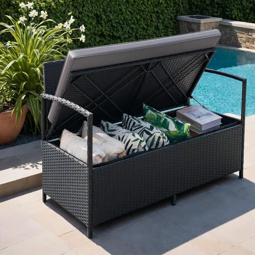 Vista 4 de Greesum Patio Loveseat PE Rattan mimbre muebles al aire libre, negro y gris