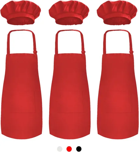 Vista 8 de Novelty Place Juego de 3 delantales para niños con gorro de chef (3 juegos) – Babero infantil agradable a la piel con bolsillo – Cocina, hornear