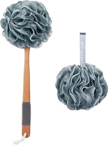 Vista 8 de AmazerBath Esponja de Ducha Loofah Exfoliante para la Espalda, Exfoliante Corporal de Malla Suave de PE con Mango Largo de Madera, Esponja de Baño