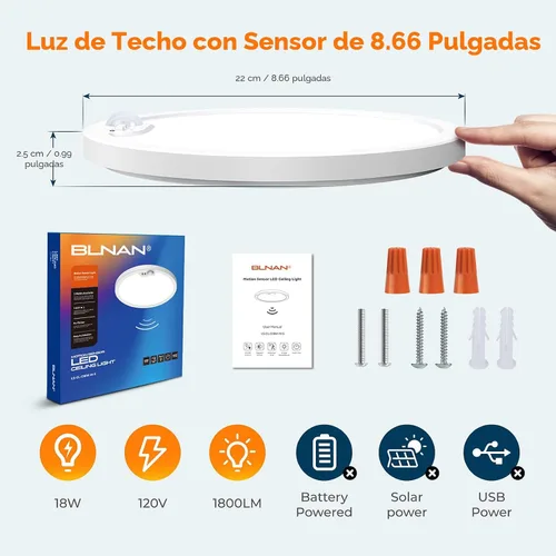 Vista 8 de BLNAN Lámpara de techo con sensor de movimiento con cable, 8.7 pulgadas, 3000 K, 4000 K, 5000 K, seleccionable, lámpara LED de montaje empotrado